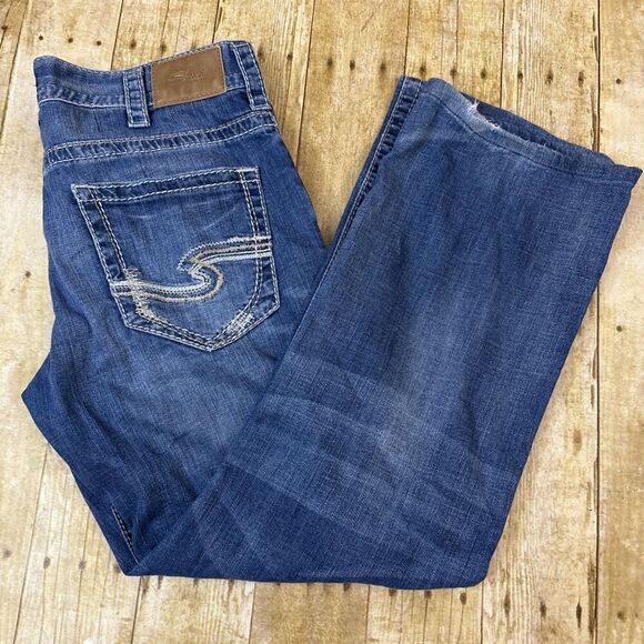 Silver Zac Jeans Relaxed Fit Straight Mens Thick Stitch Jeans Size 33 (34X30) - Picture 1 of 14